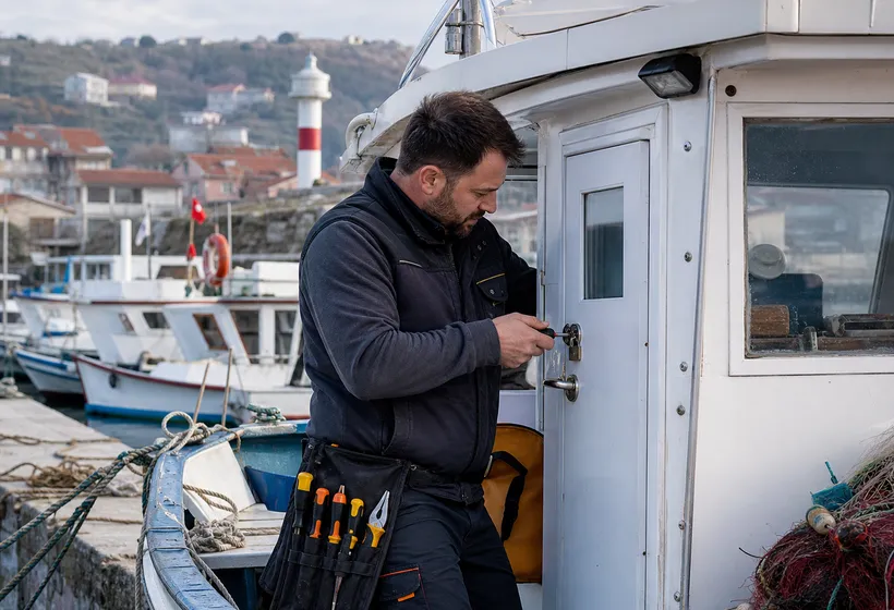 Anadolu Feneri Balıkçı Barınağı'nda tekne kamara kilidini değiştiren marine çilingir